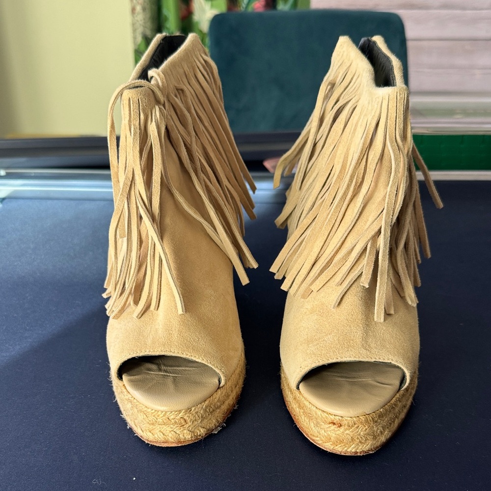 Stylish Tan Fringed Espadrille Wedges